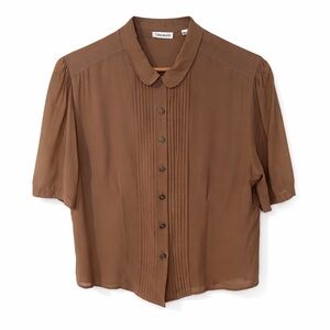 Tahari Brown Button-Up Blouse Medium | Pleated Front Short Sleeve Work Top